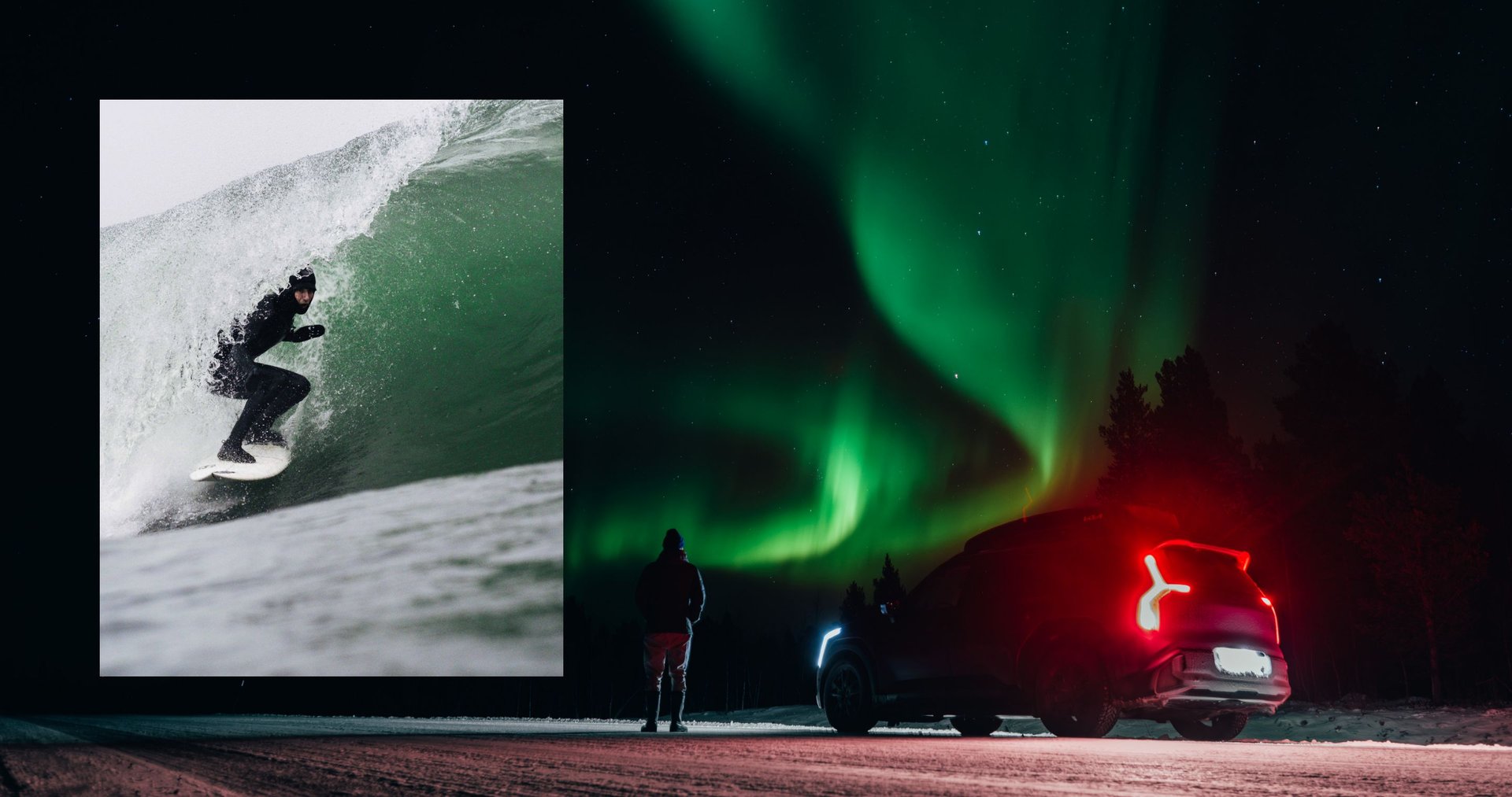 A surfer wearing a wetsuit and hood riding inside the barrel of a wave.