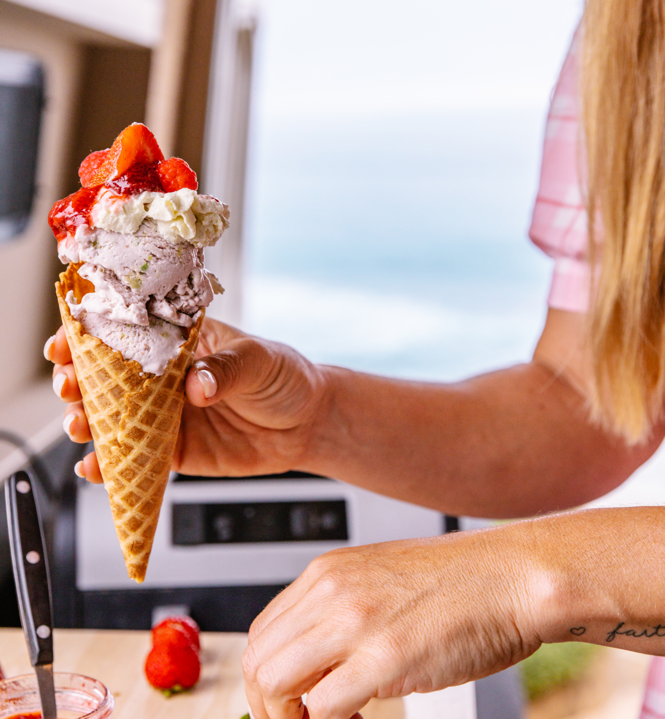 Camping ice cream kept cold with Dometic electric cooler