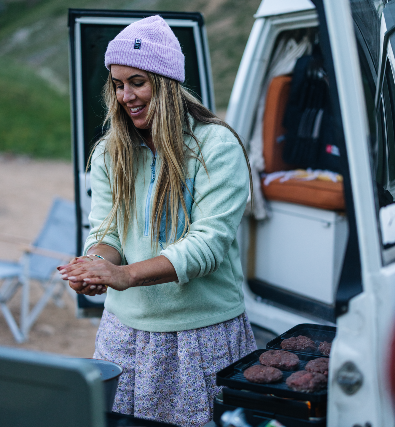 Sarah Glover cooking elk burgers