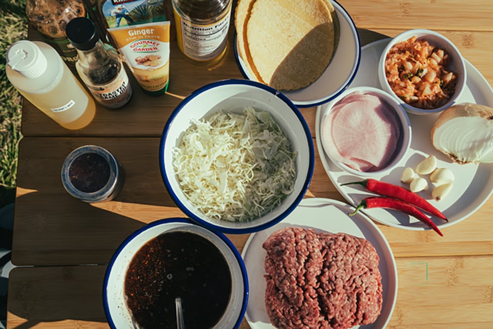 A birdseye view of ingredients that will go into tacos.