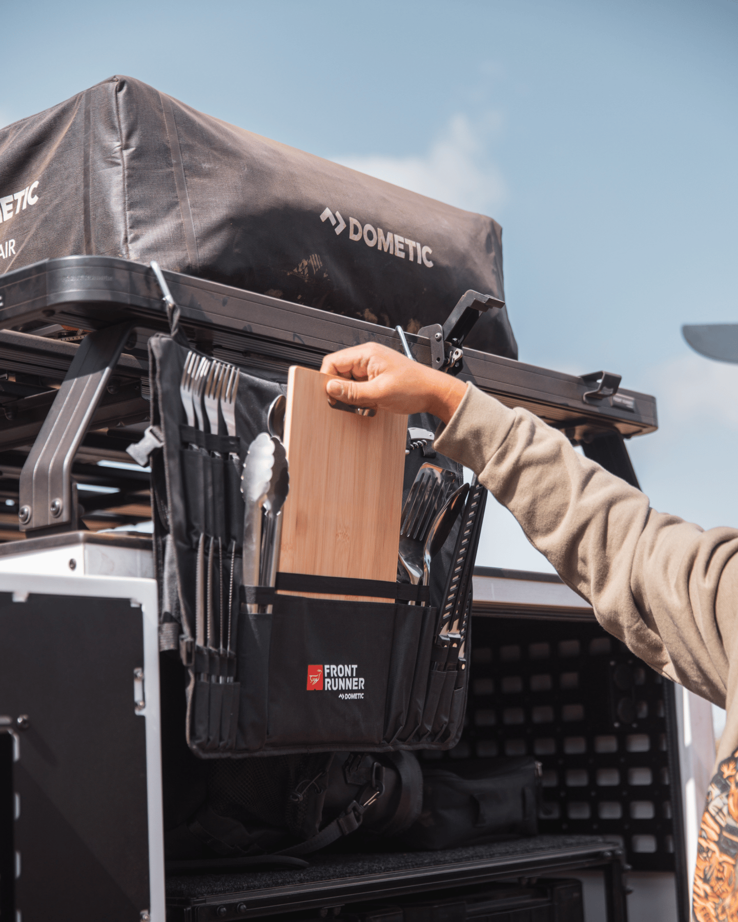 Close up of a rack system with camp utensil set