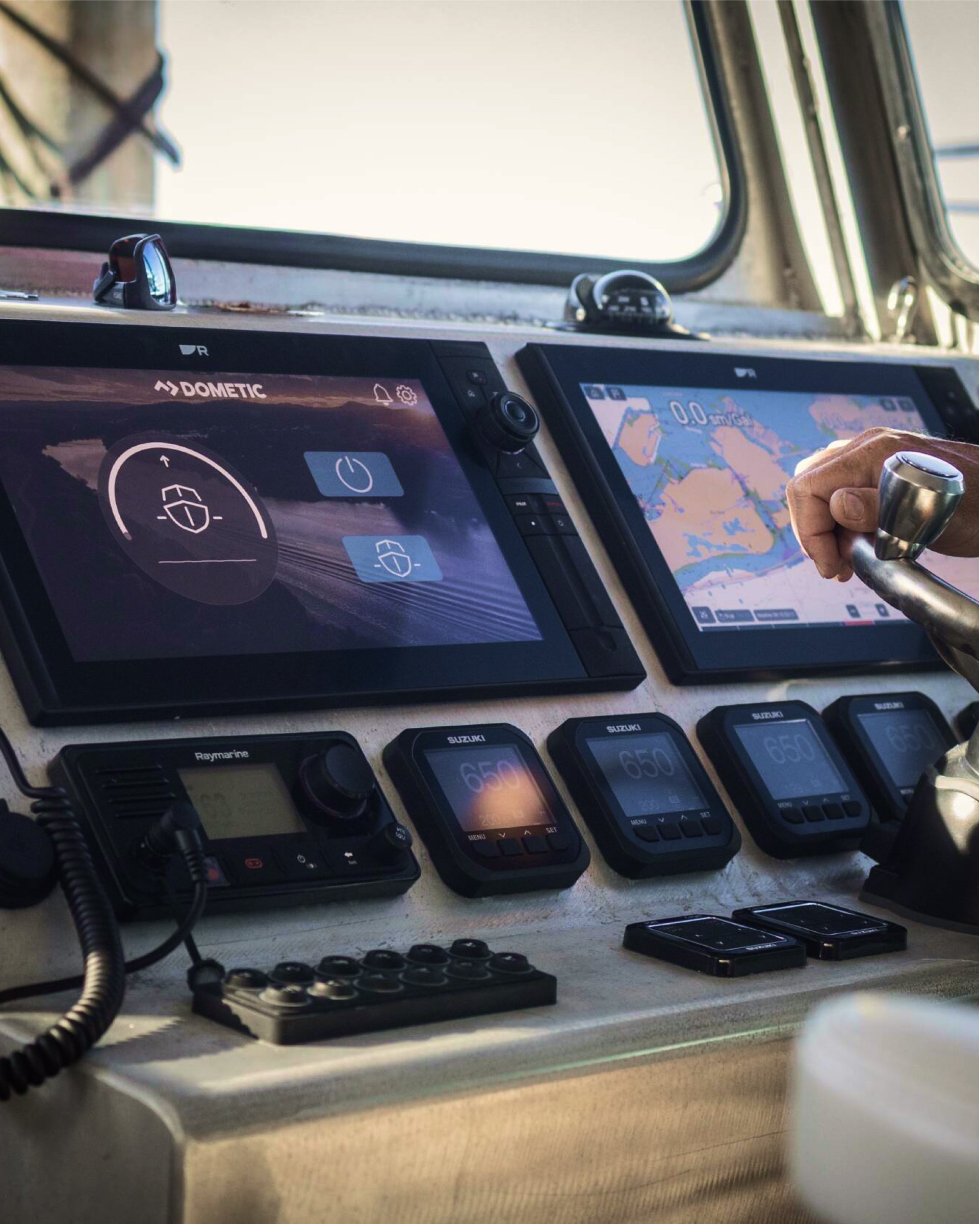 Dashboard with gyro controls on a boat