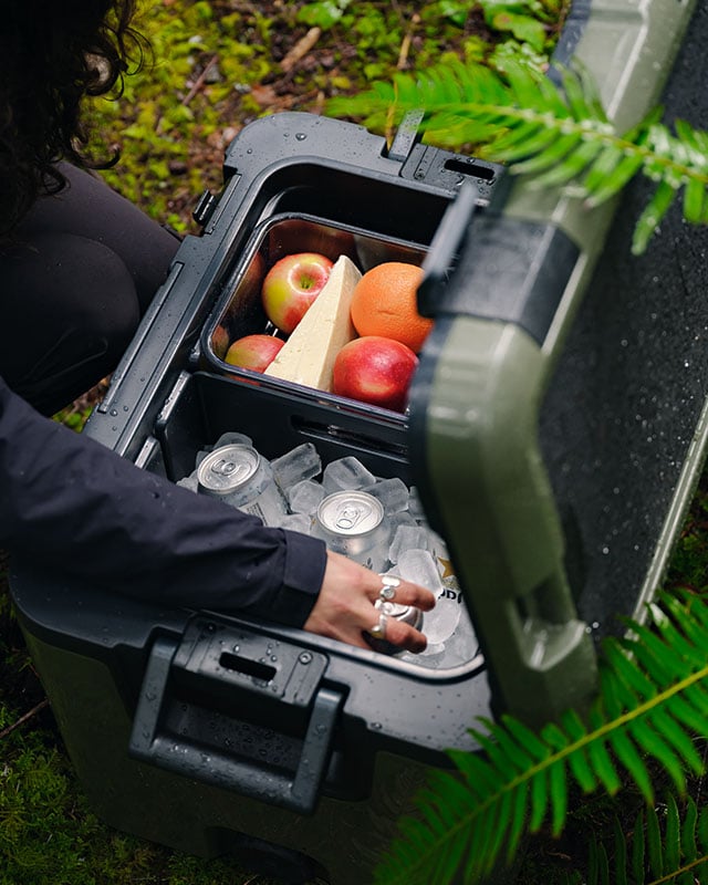 Dometic Recon passive Kühlbox gefüllt mit Eis, Getränken und frischem Obst, robuste Hardcooler-Kühlbox geöffnet im Wald