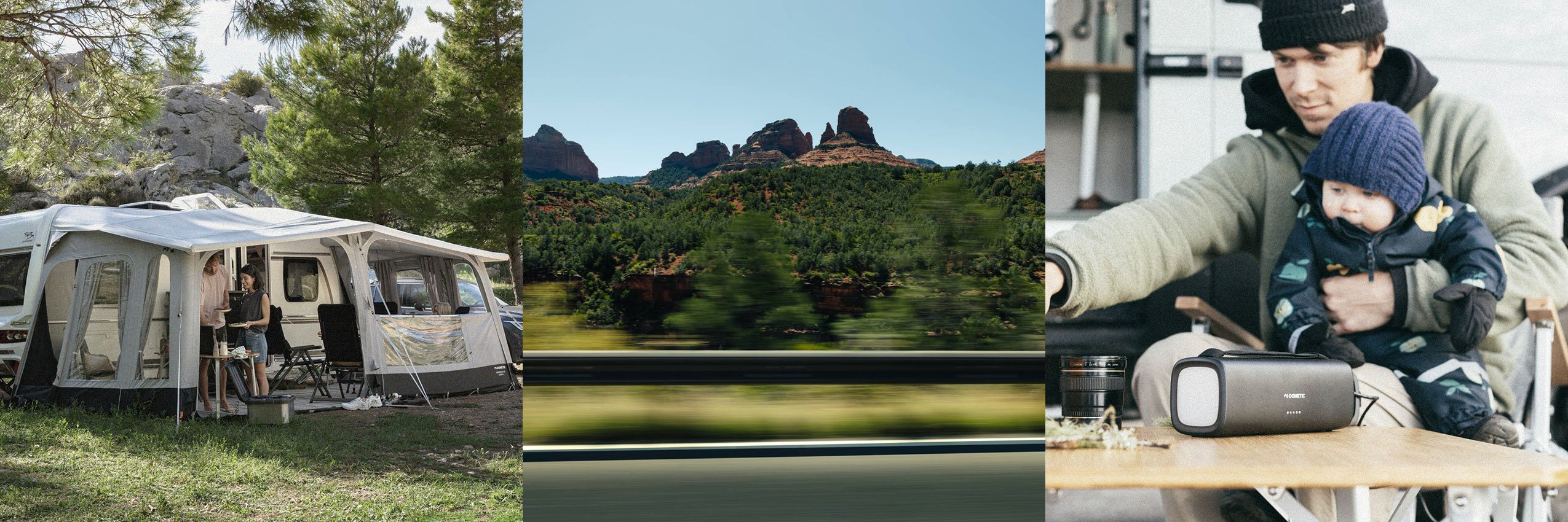 Three images of camping and caravan scenery