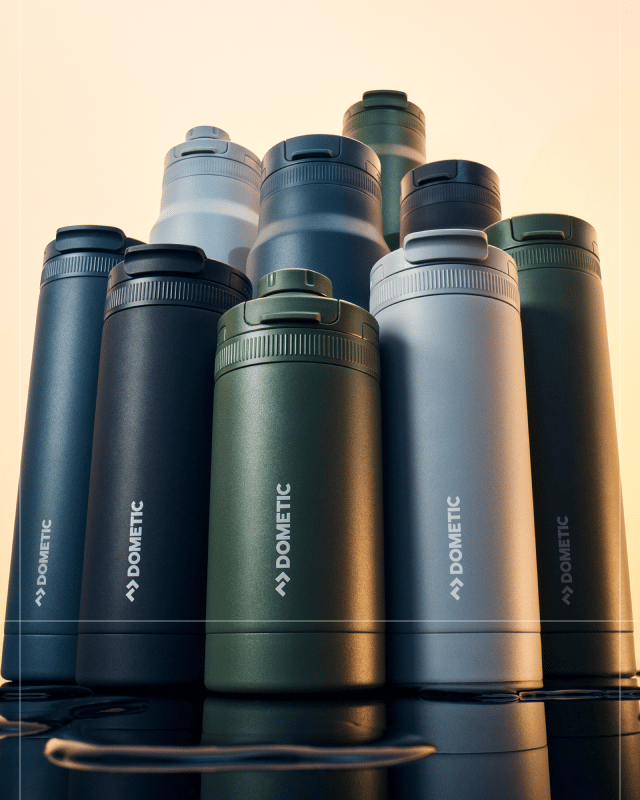 Staggered lineup of drinkware items in different sizes and shapes