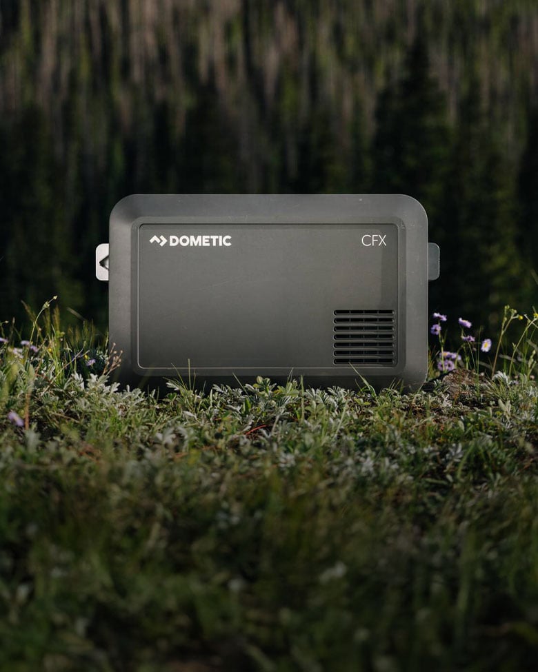 Dometic CFX5 compressor cooler standing in a grassy field with wildflowers and a forest backdrop.