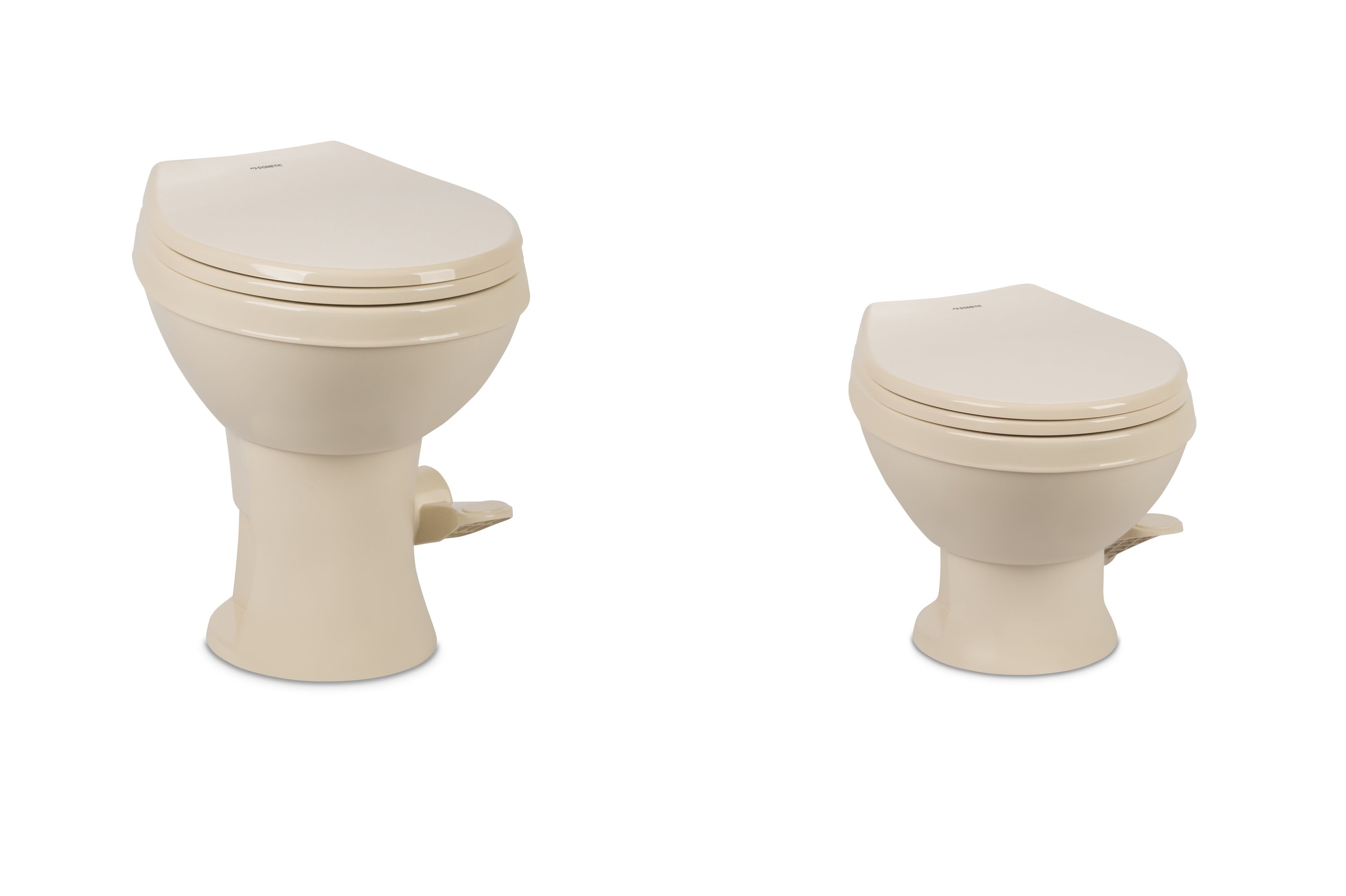 Two 400 series toilets in the bone colorway, compared side-by-side for profile differences.