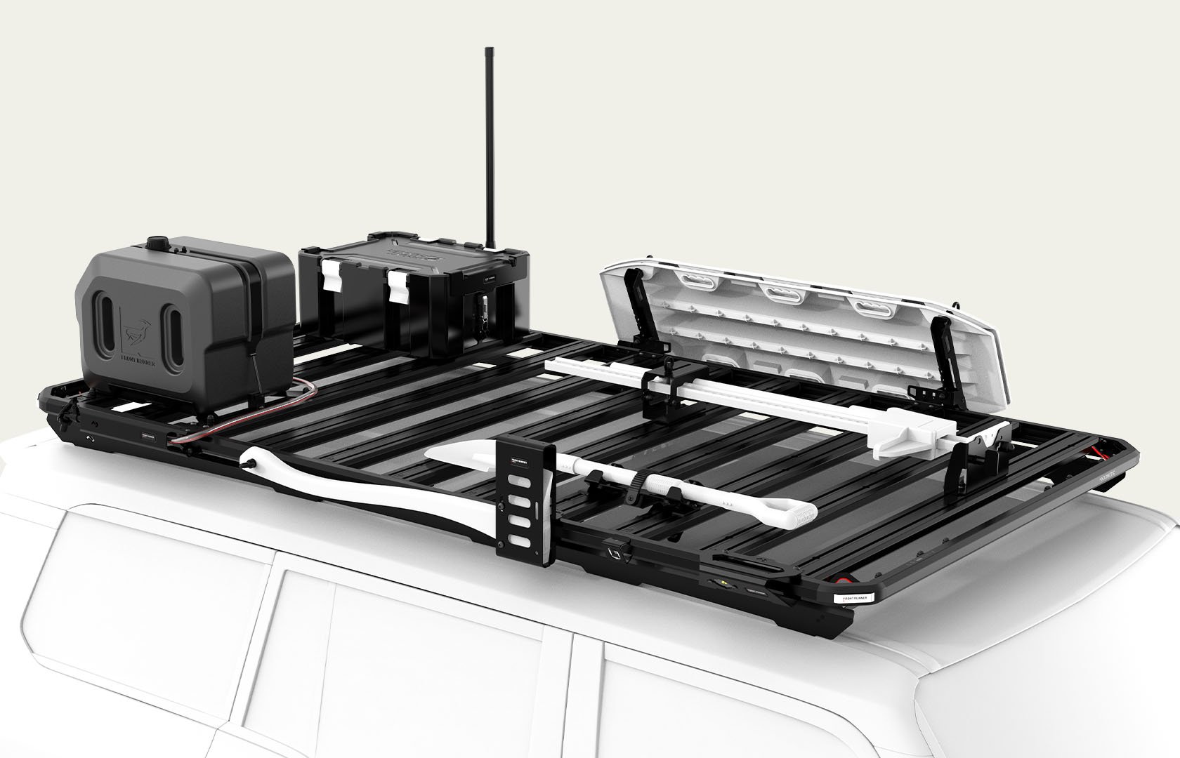 Dometic Front Runner Series Slimline 3 roof rack equipped with storage, recovery and utility accessories, compatible with a wide range of roof rack accessories