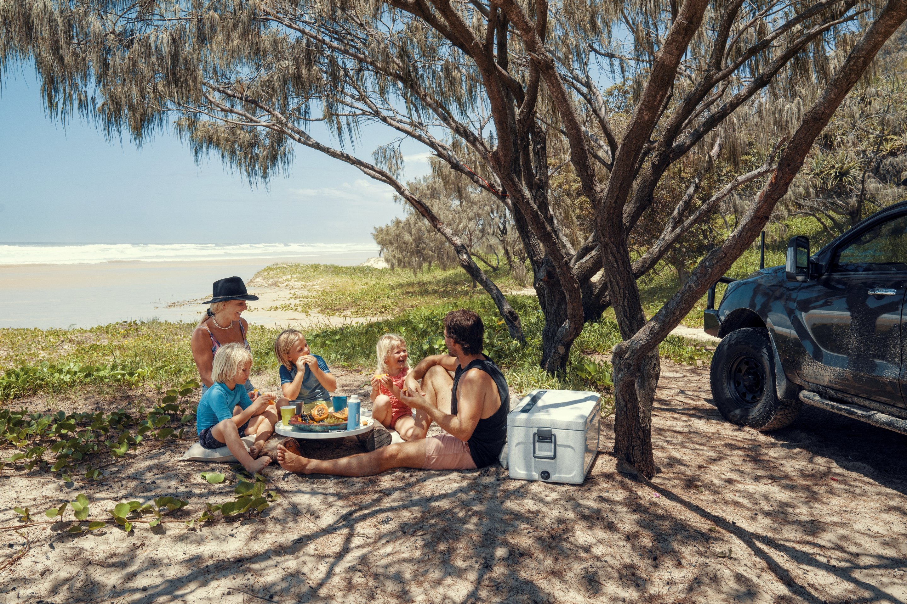 Family picnic in shade of a tree overlooking beach area.