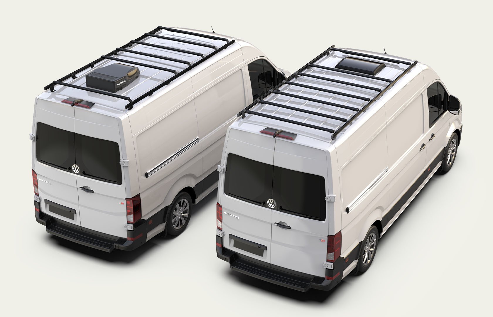Front Runner Dometic Slimpro roof rack on Volkswagen Crafter vans showing adjustable slat configuration for mounting cargo, accessories and roof-mounted equipment