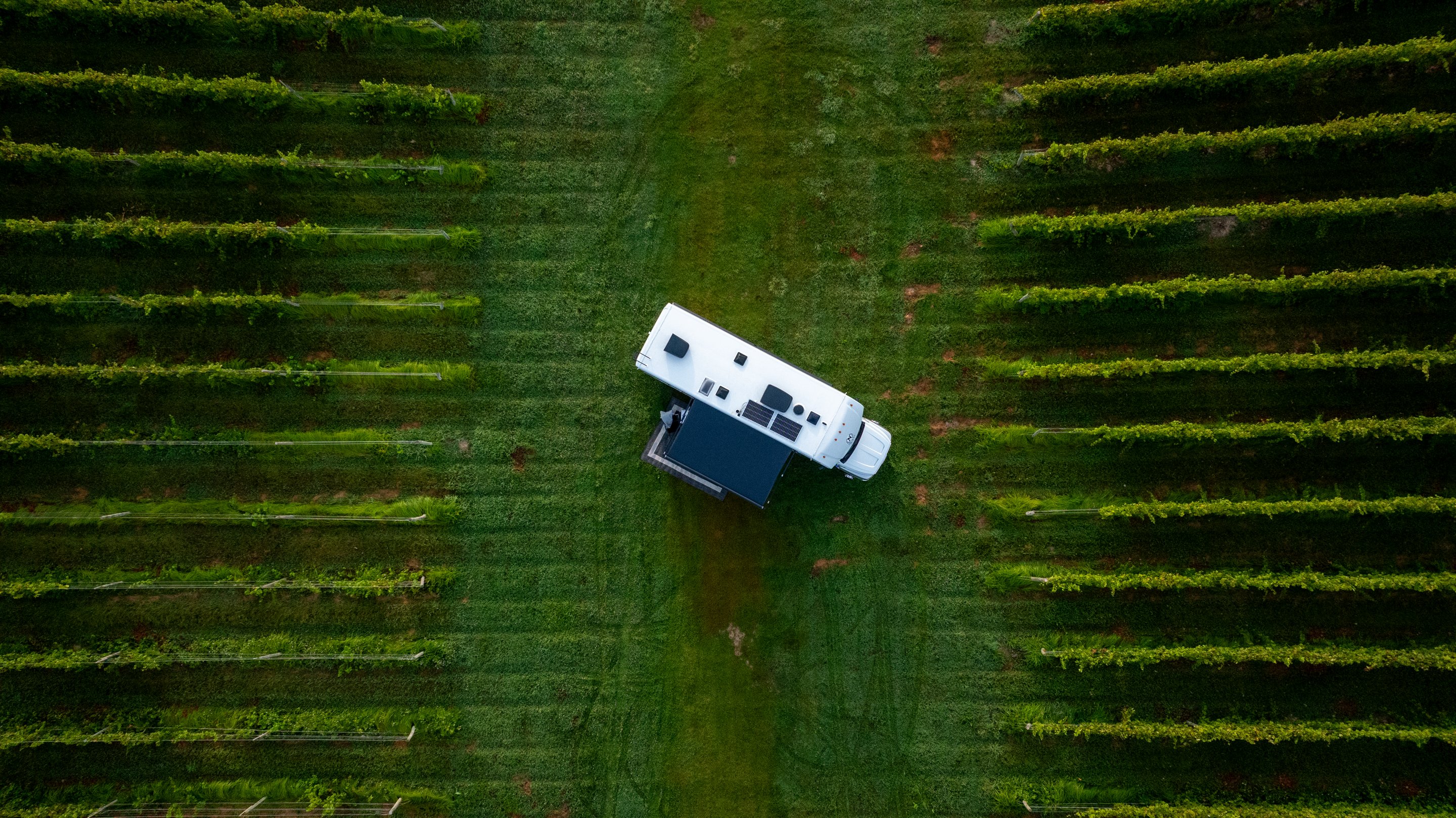 Birds-eye view of RV in middle of green field.