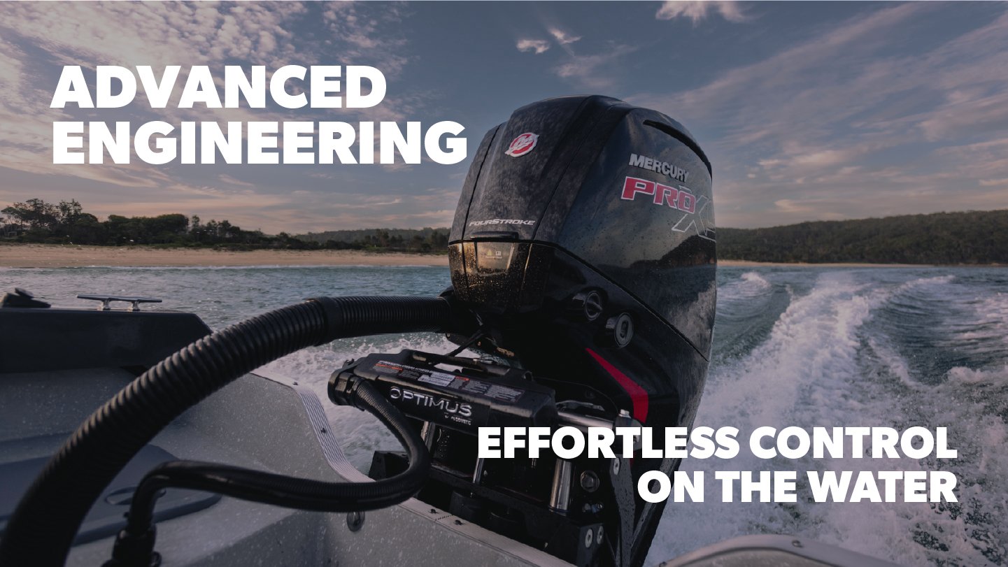 Outboard engine on the water with white text overlay