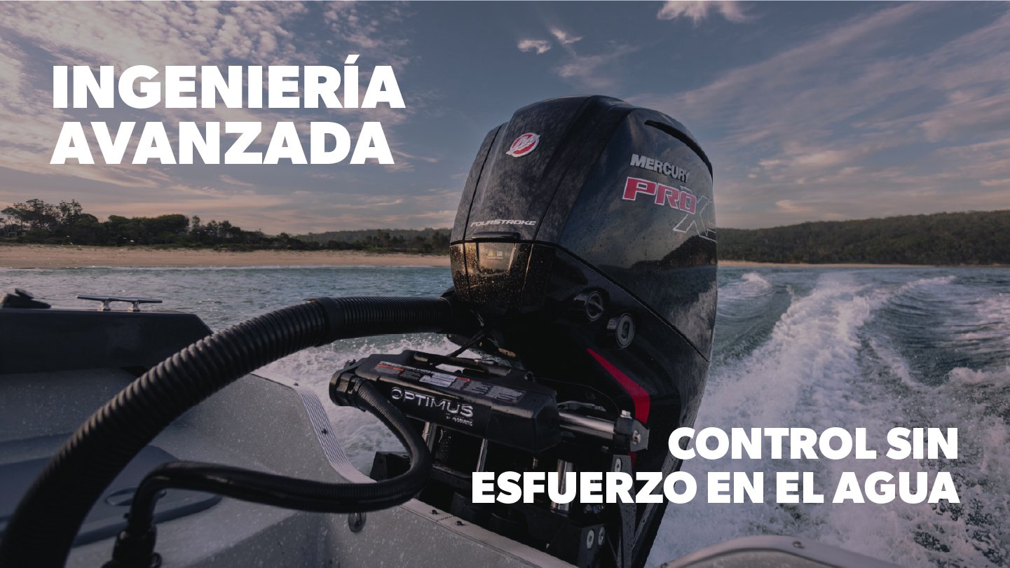 Outboard engine on the water with white text overlay