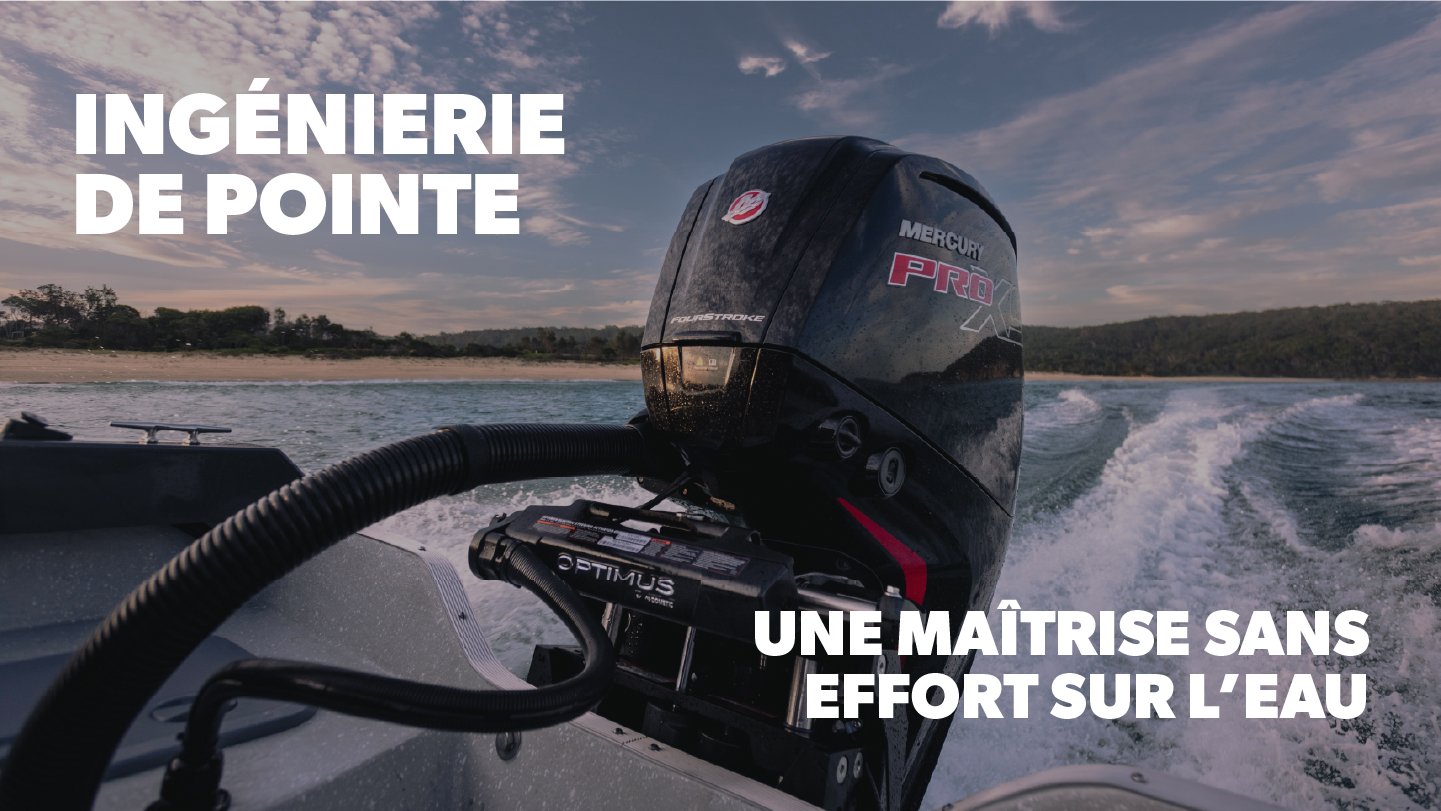Outboard engine on the water with white text overlay