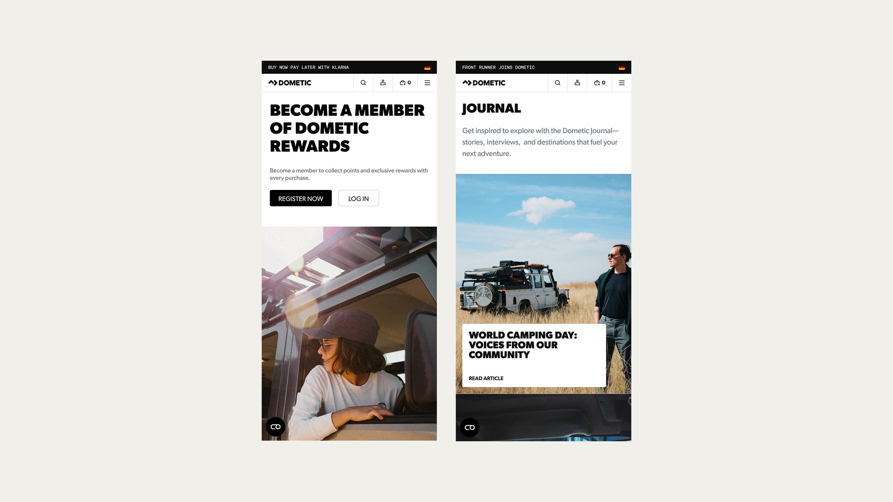 Screenshot showing two Dometic mobile website pages side by side: a Dometic Rewards membership page and a Dometic Journal page featuring outdoor adventure content.