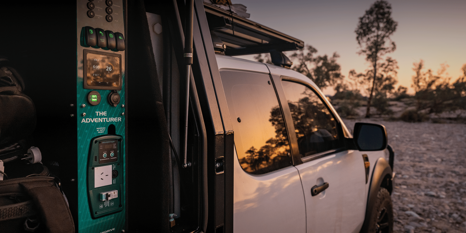 Enerdrive The Adventure Power litthium system installed in the back canopy of a 4x4 with gorgeous sunset