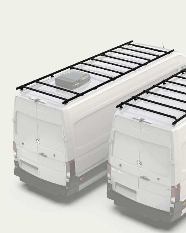 Slimpro roof rack mounted on Volkswagen Crafter vans, low-profile roof rack system with adjustable slats and vehicle-specific fit