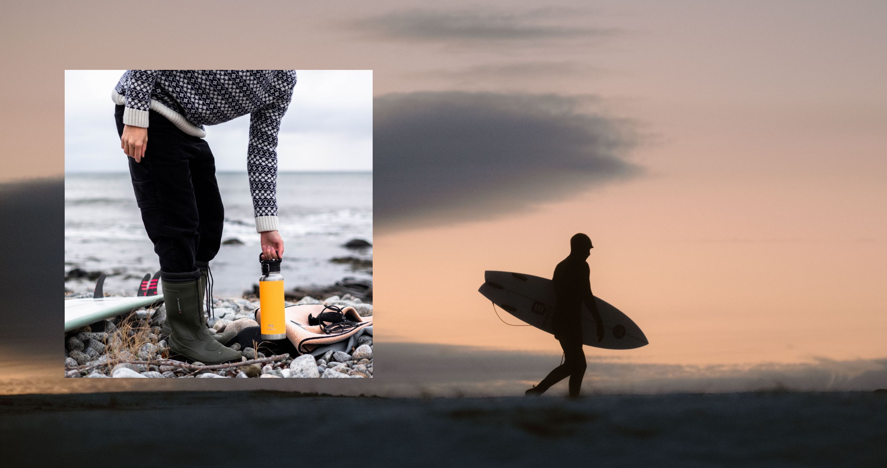 A person standing on rocks by the ocean with hand holding a Dometic drinkbottle. 