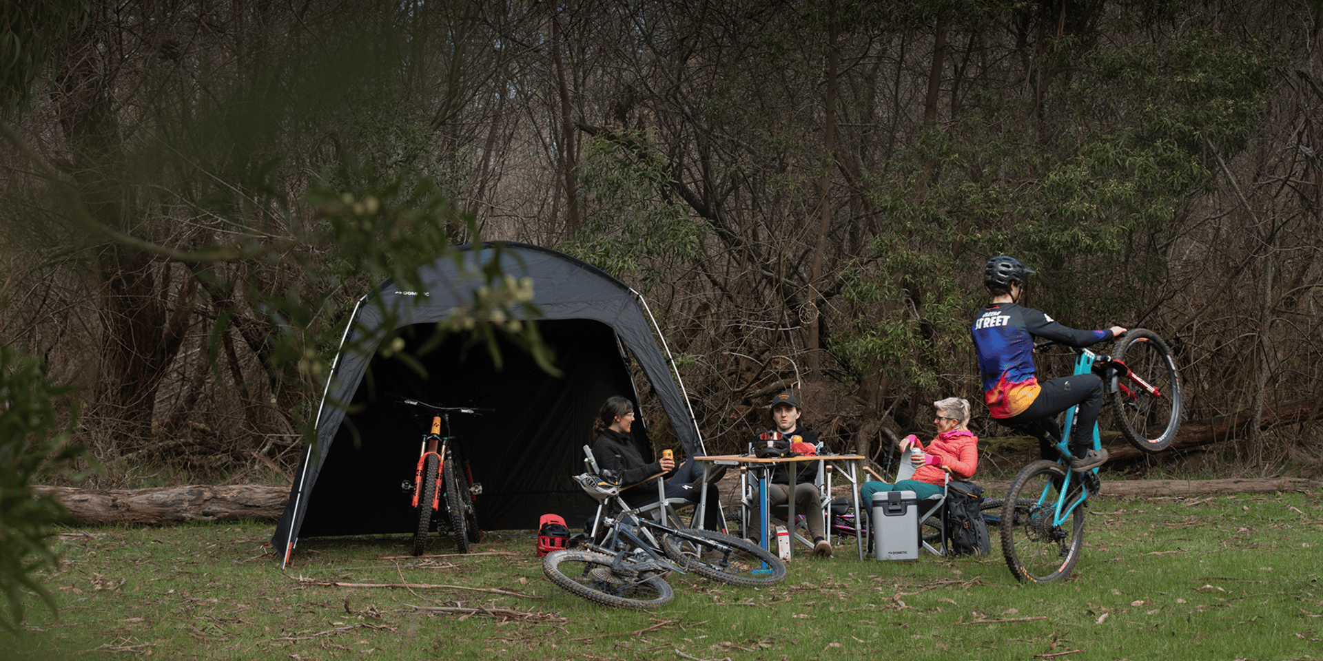 Base camp at the trail runs, mountain bikes shaded by the Go Camp Shelter lunch stop set up with the Camp table and chairs. Perfect life outdoors day.