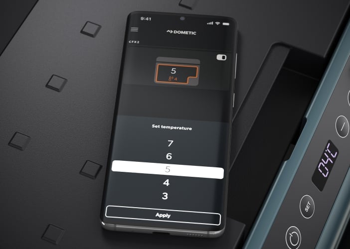 Close-up van de app van de CFX2 elektrische koelbox