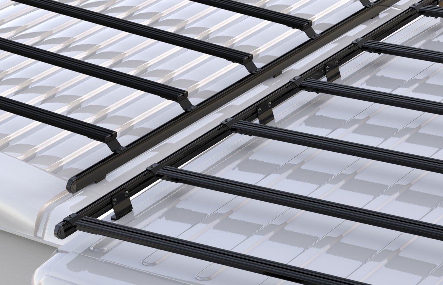 Close-up of the Slimpro roof rack showing the high and low slat configuration