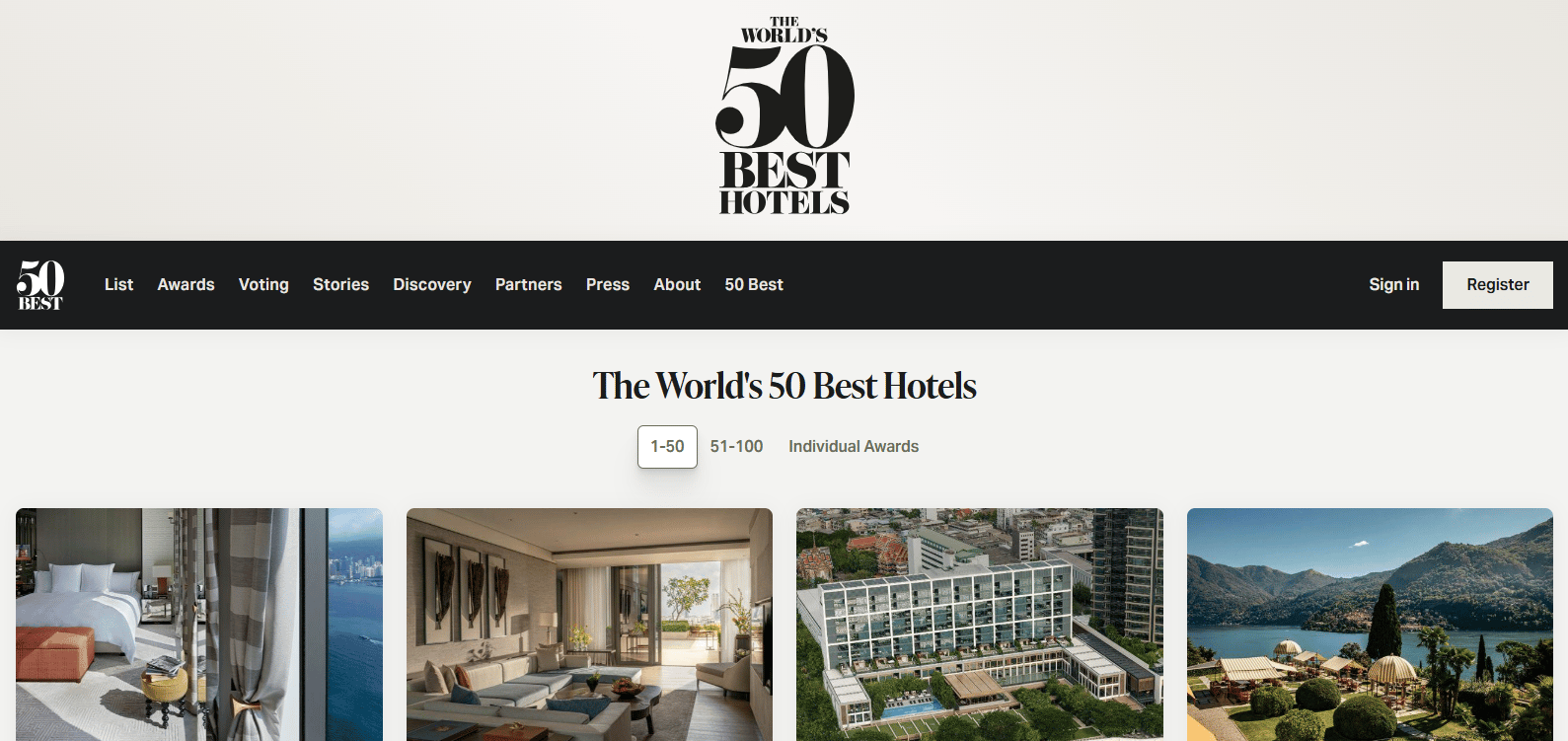 Screenshot of the official website for The World's 50 Best Hotels.