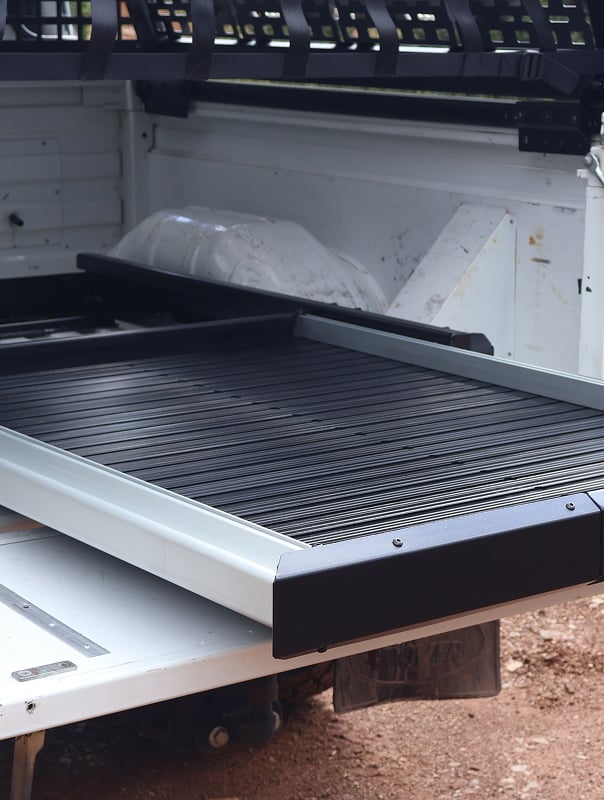 white bakkie with a cargo bed slide