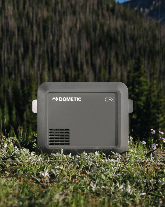 CFX electric cooler atop grassy area.