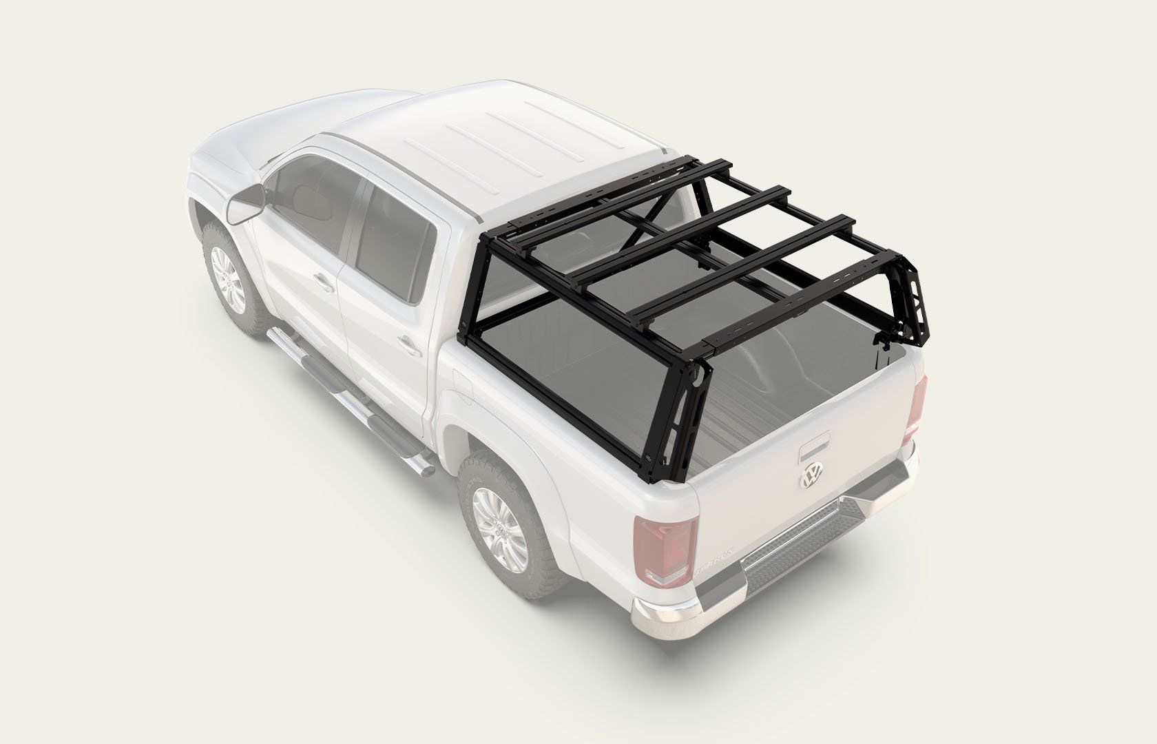 Pro Bed Rack System mounted on a pickup truck with crossbars, maximizing cargo-carrying capacity above the truck bed
