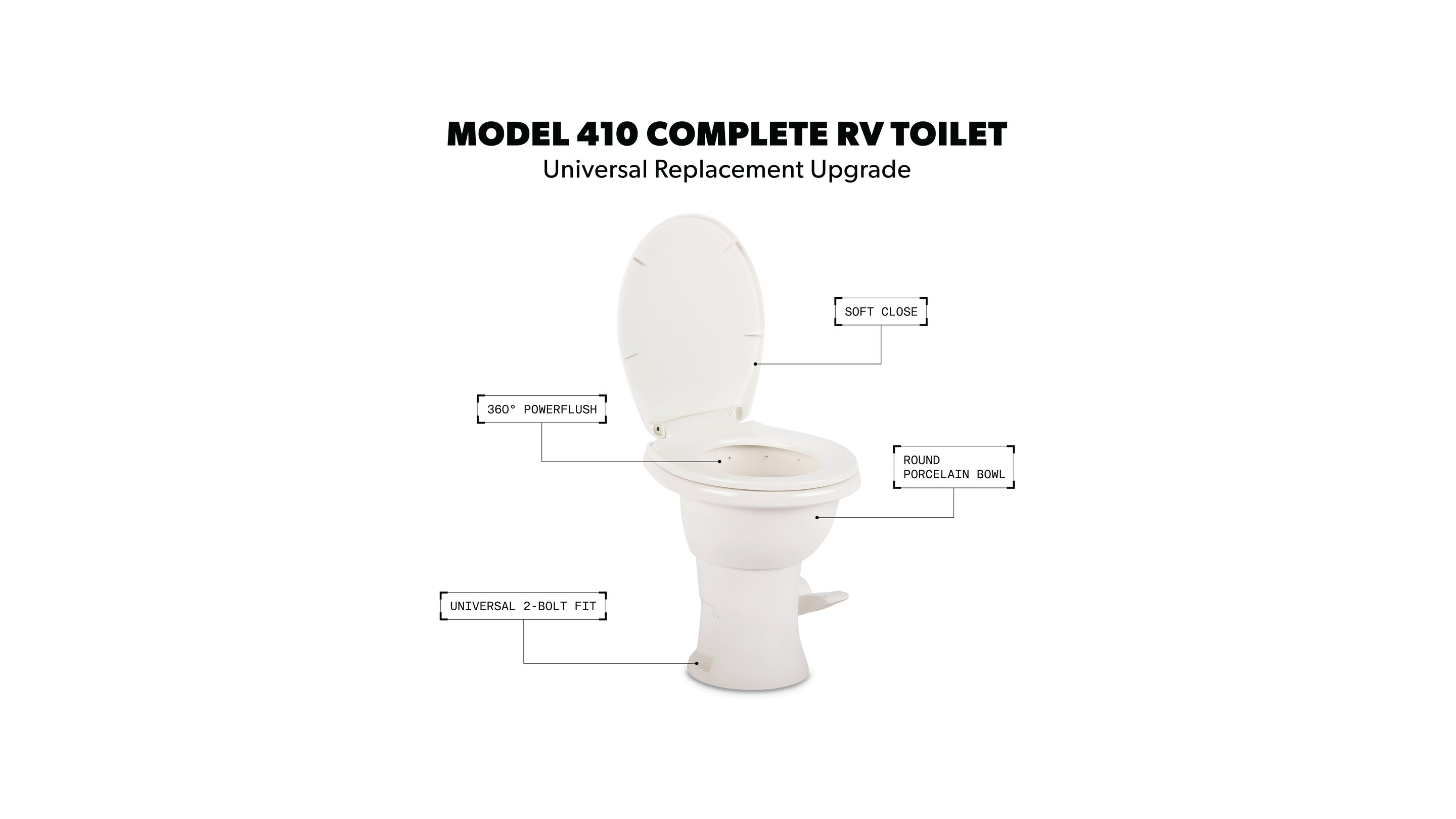 Model 410 Complete RV Toilet. Universal Replacement Upgrade. Soft Close. 360° Powerflush. Round porcelain bowl. Universal 2-bolt fit.