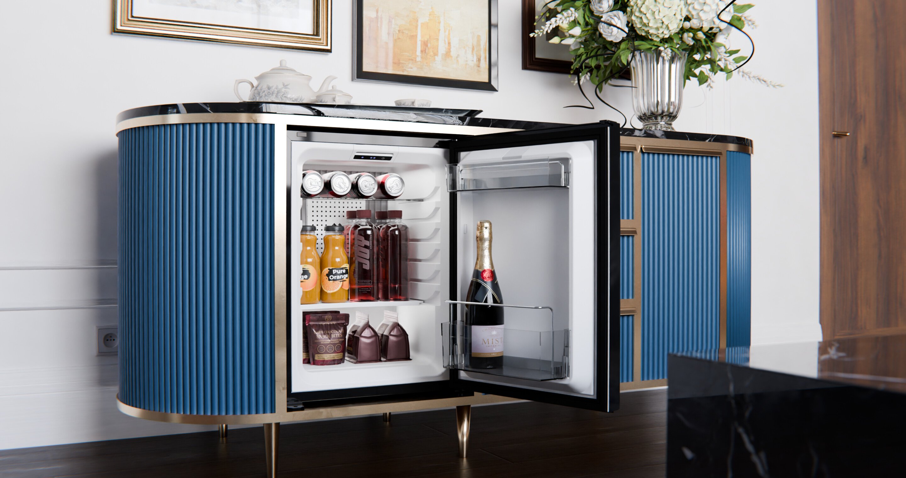 A minibar opened inside a luxurious furniture