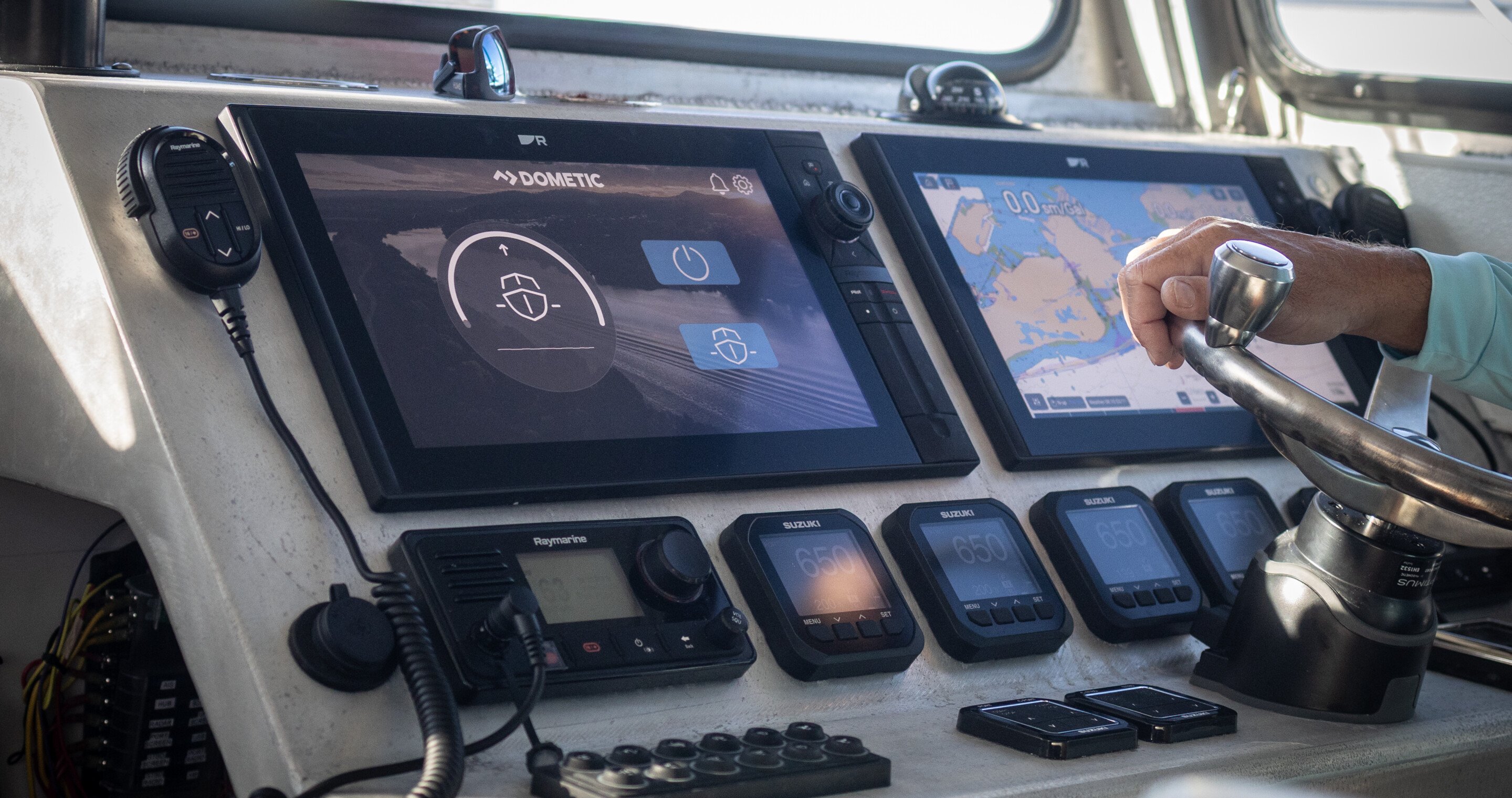 Dashboard with gyro controls on a boat