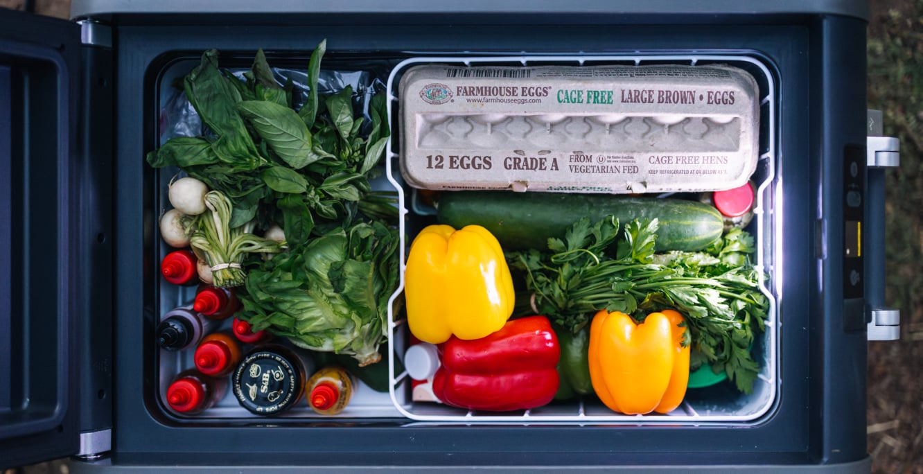 Dometic CFX5 compressor cooler filled with fresh vegetables and food