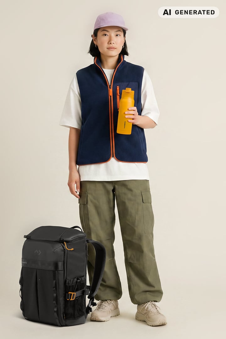 A woman with a Dometic cooler backpack and bottle