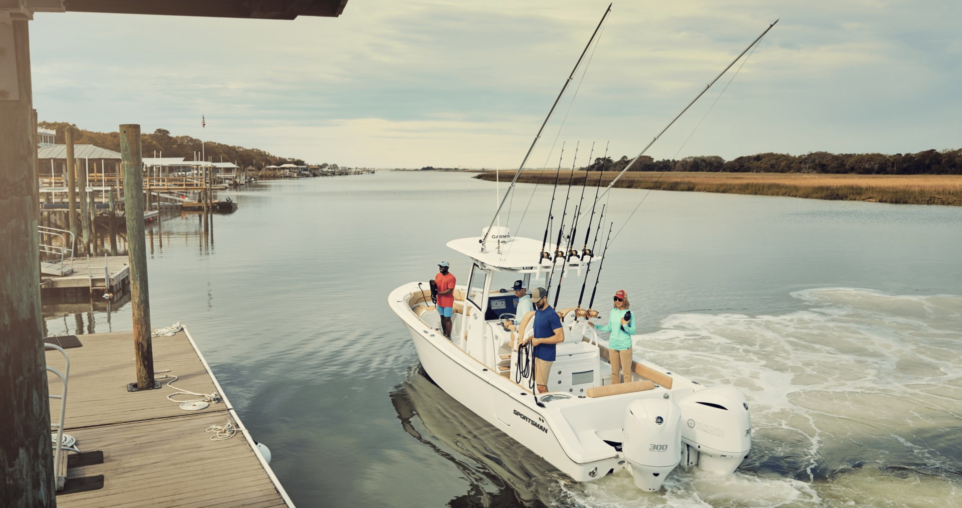 Boat with family leaving dock