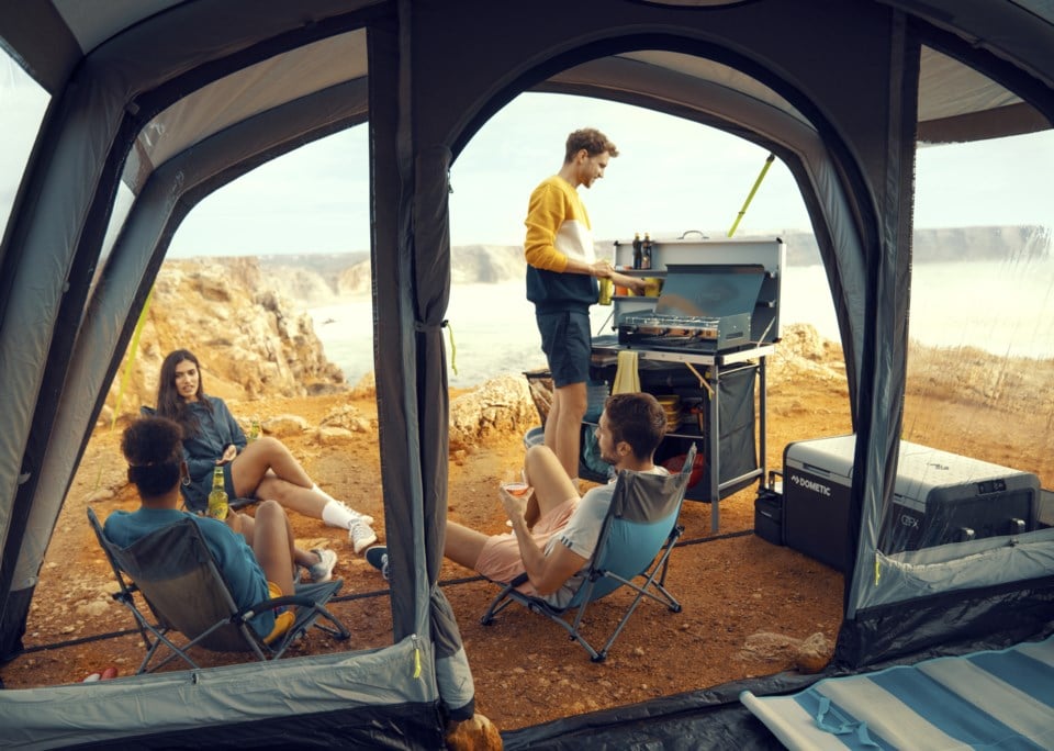 Field Kitchen, people in camping tent